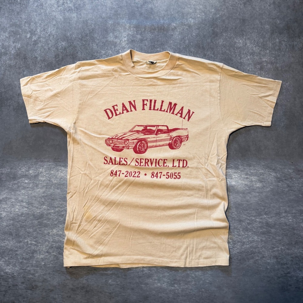 Vtg 80s Dean Fillman Auto T Shirt L Single Stitch Car Truck Promo Tan